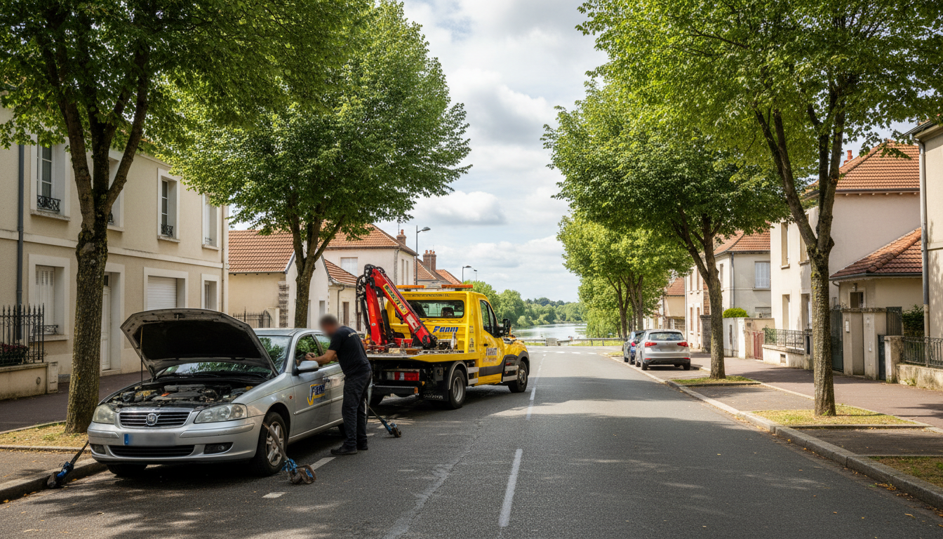 Un dépanneur Fast Depann intervient rapidement avec son camion de remorquage pour dépanner une voiture en panne dans une rue résidentielle de Neuville-sur-Oise, Val d'Oise.