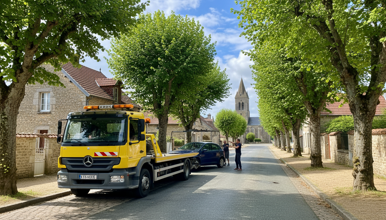 Dépanneuse Fast Depann intervenant sur une voiture en panne sur une route de Nucourt, Val d'Oise.