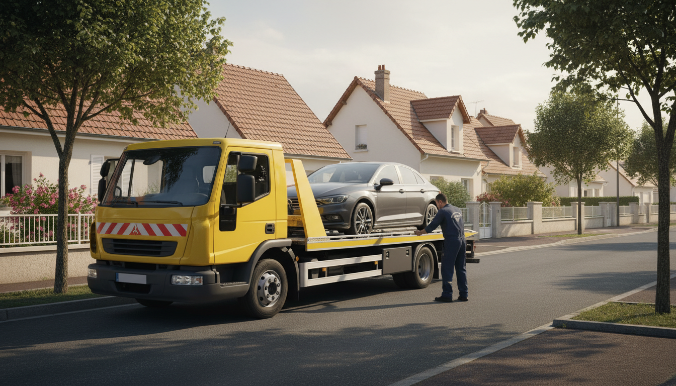 Un dépanneur Fast Depann intervient rapidement avec son camion de remorquage pour un véhicule en panne dans une rue résidentielle de Piscop, Val d'Oise.