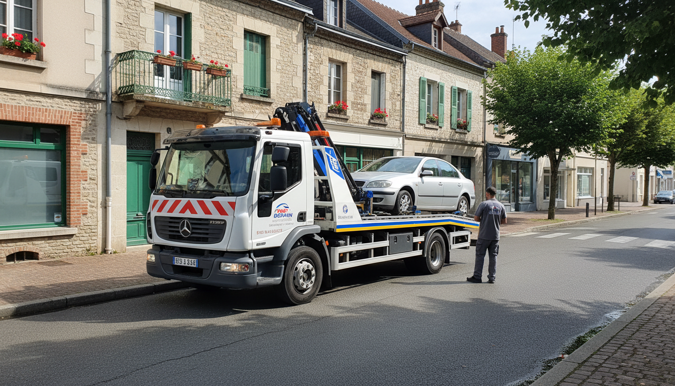 Dépanneuse Fast Depann intervenant sur une voiture en panne dans une rue de Puiseux-en-France, Val d'Oise.