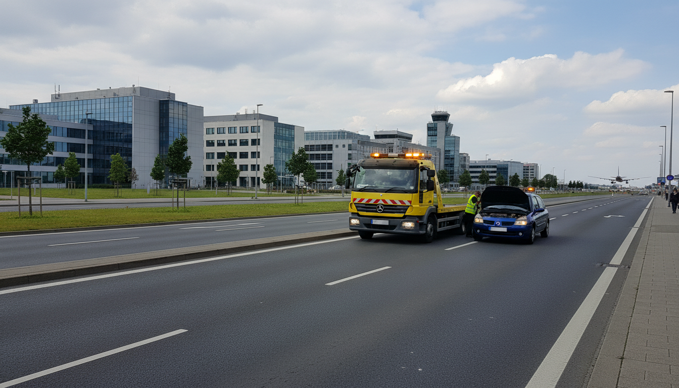 Un dépanneur Fast Depann en pleine intervention sur une voiture en panne à Roissy-en-France, avec l'aéroport Charles de Gaulle en arrière-plan et des bâtiments modernes.