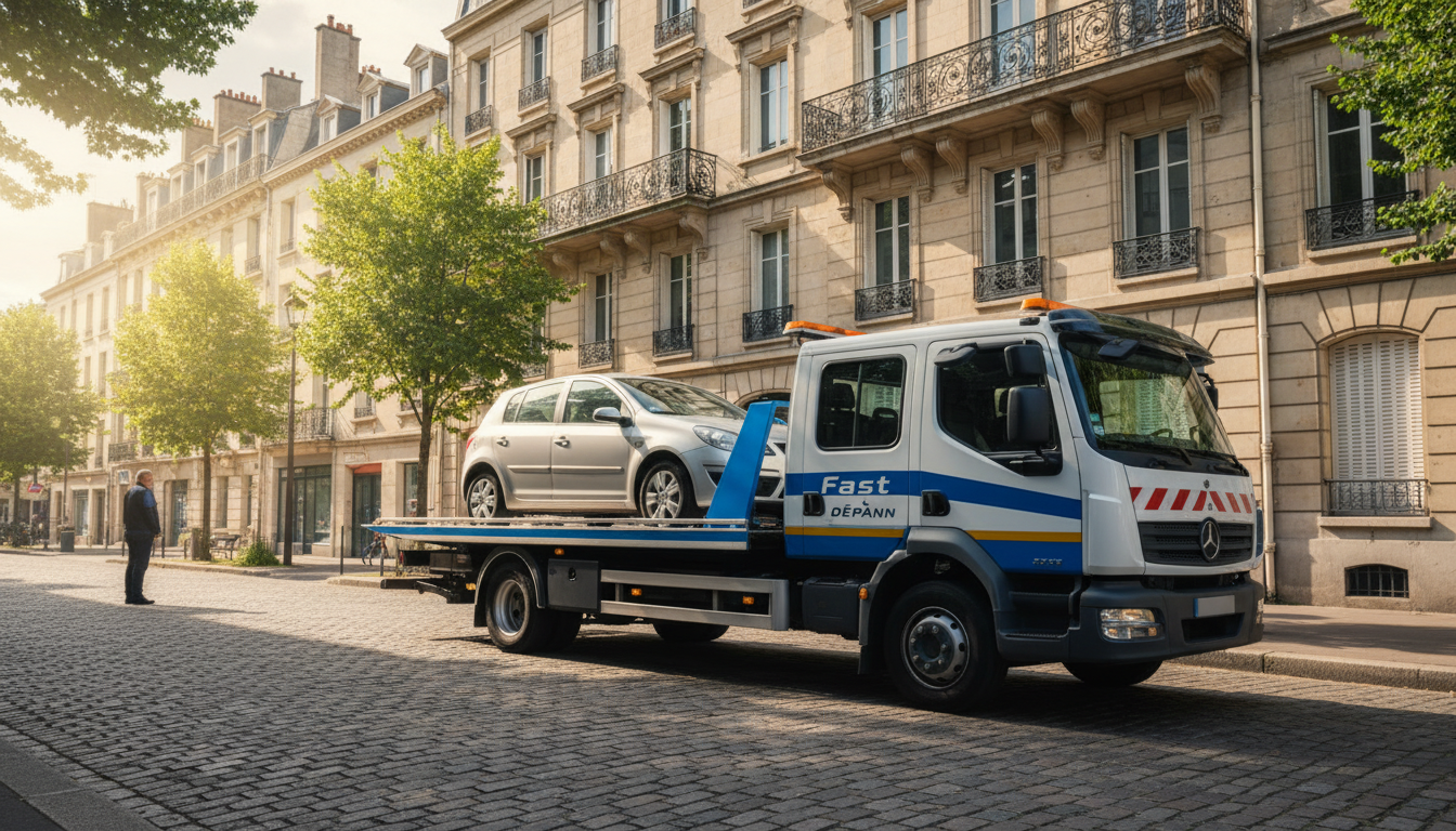 Un dépanneur Fast Depann en pleine intervention sur une voiture en panne à Saint-Brice-sous-Forêt, Val d'Oise.