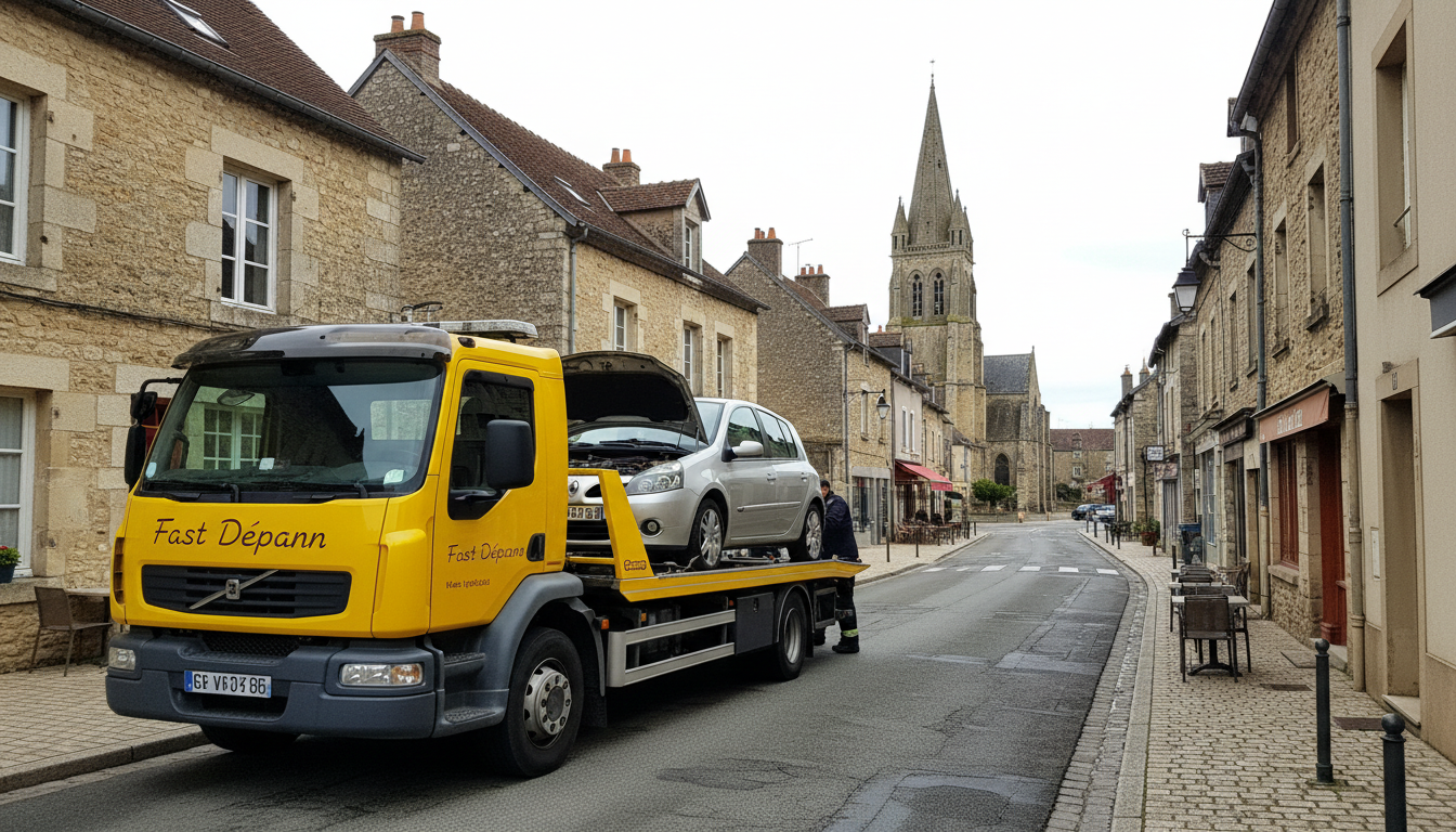 Dépanneuse Fast Depann intervenant sur une voiture en panne dans une rue de Saint-Clair-sur-Epte, Val d'Oise.