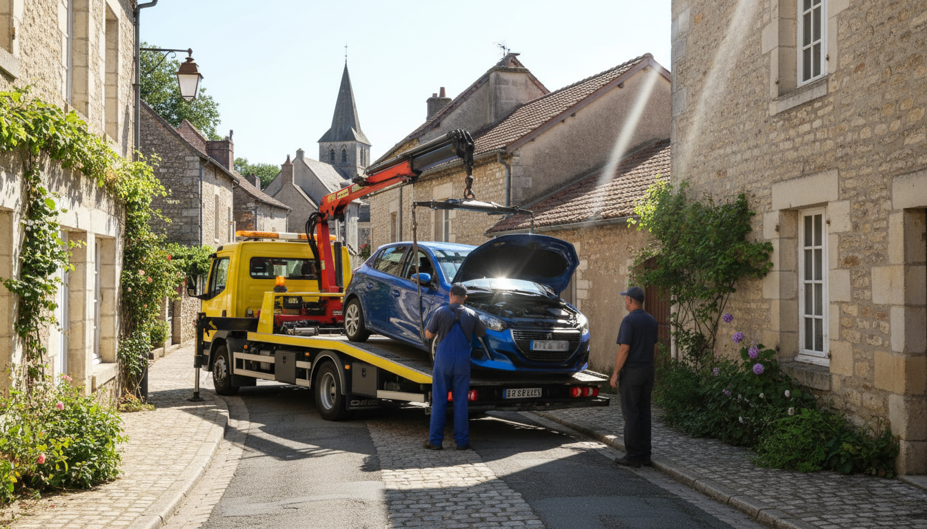Un dépanneur Fast Depann intervient pour un dépannage automobile à Saint-Cyr-en-Arthies, Val d'Oise, sur une route de village.