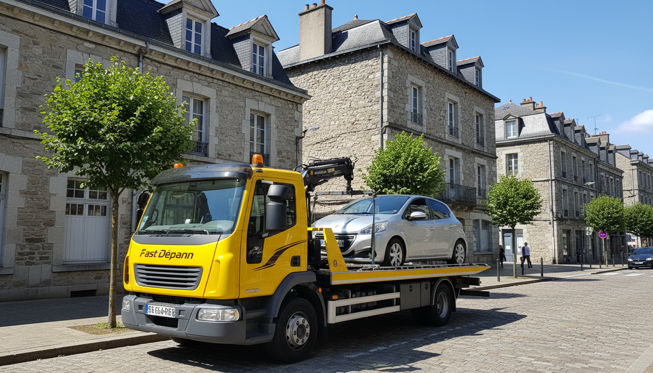Dépanneuse Fast Depann intervenant sur une voiture en panne dans une rue typique de Saint-Gervais, Val d'Oise, sous un ciel clair.
