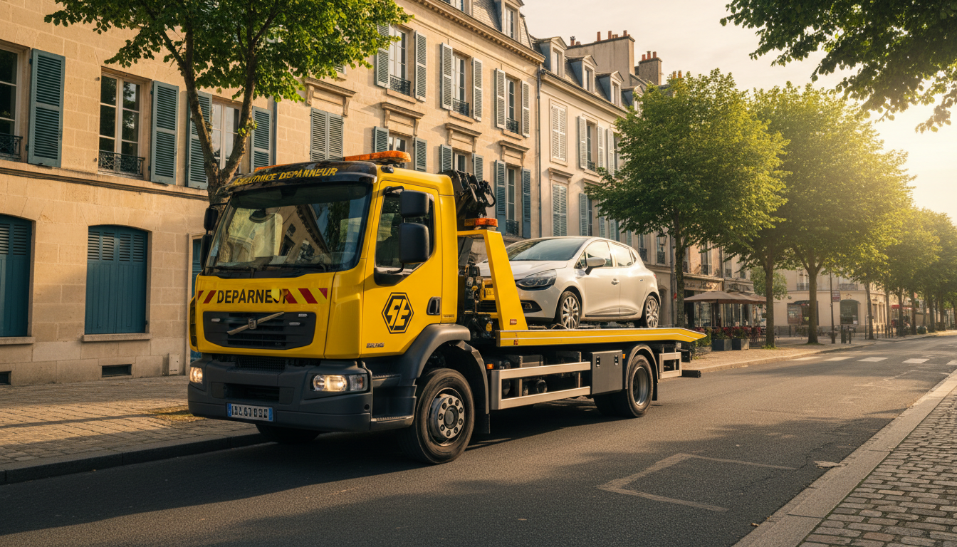 Dépanneuse Fast Depann en intervention pour un dépannage auto à Sannois, Val d'Oise. Un véhicule est en cours de remorquage sur une rue résidentielle.