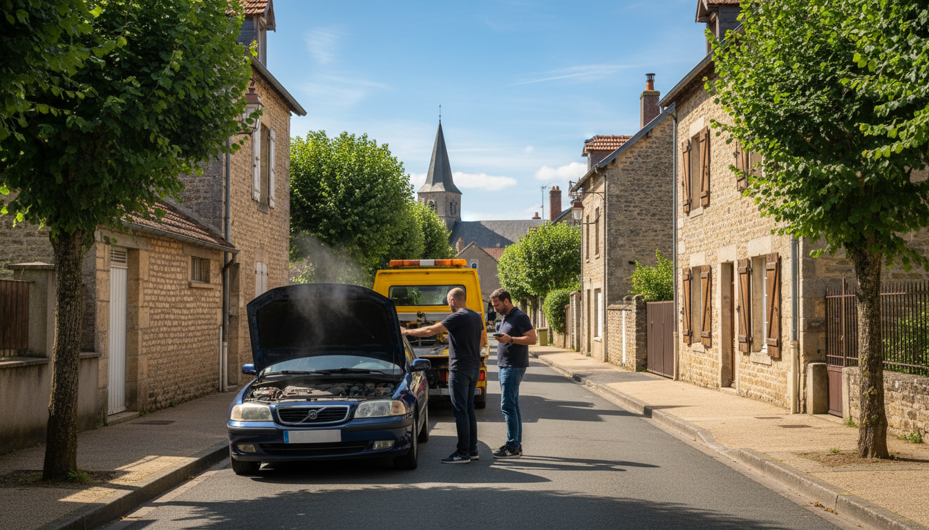 Dépanneuse Fast Depann en intervention rapide sur une voiture en panne à Santeuil (Val d'Oise) sur une route de village.