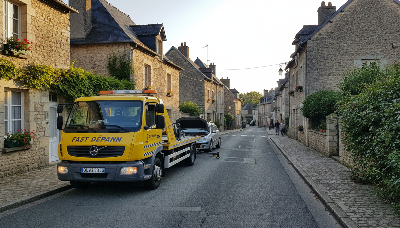 Dépanneuse Fast Depann intervenant sur une voiture en panne dans une rue typique de Seraincourt, Val d'Oise, sous un ciel clair.