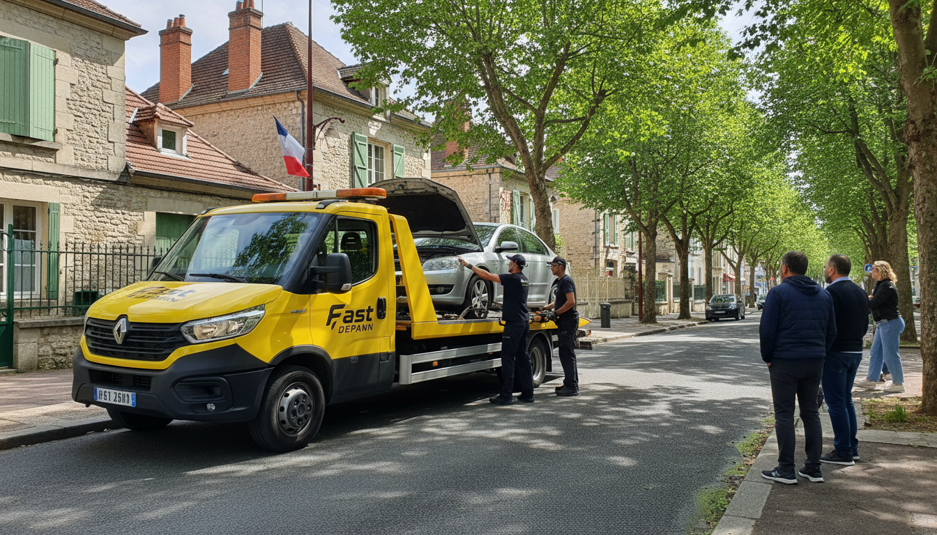 Dépanneuse Fast Depann intervenant sur une voiture en panne dans une rue résidentielle de Soisy-sous-Montmorency, Val d'Oise.