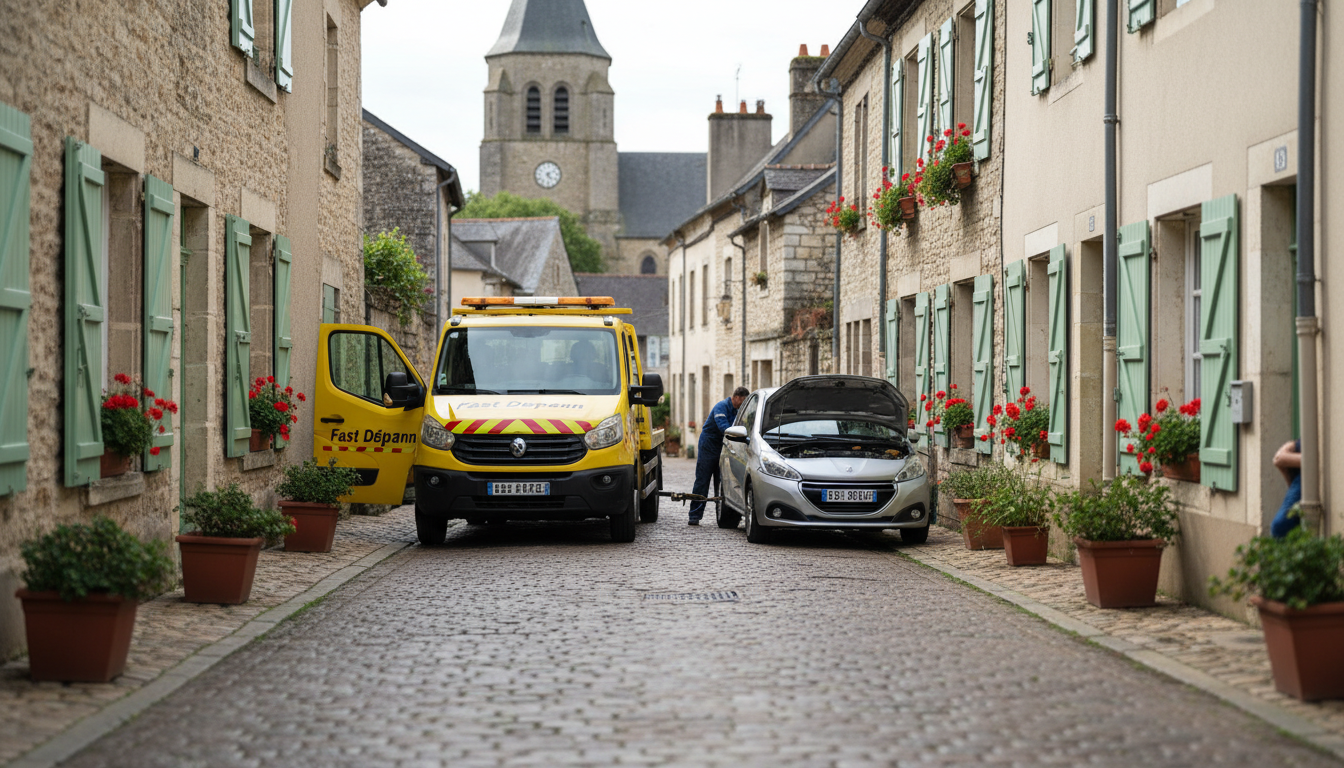 Dépanneuse Fast Depann intervenant sur une voiture en panne dans une rue typique de Théméricourt, Val d'Oise, sous un ciel ensoleillé.