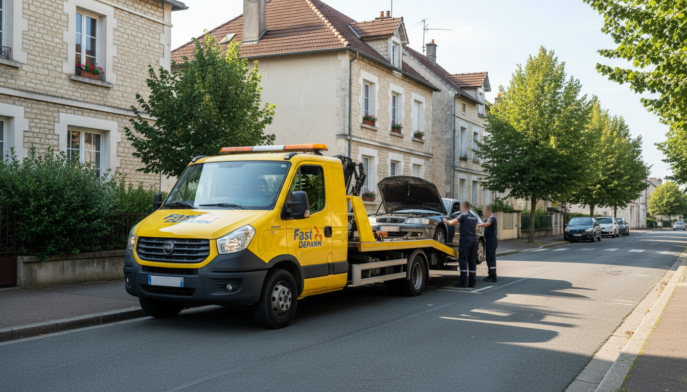 Dépanneuse Fast Depann intervenant sur une voiture en panne dans une rue résidentielle de Vaudherland.