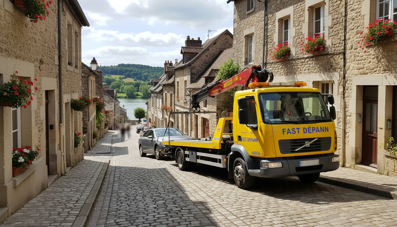 Un dépanneur Fast Depann en pleine intervention pour remorquer une voiture en panne dans une rue pittoresque de Vétheuil, Val d'Oise.