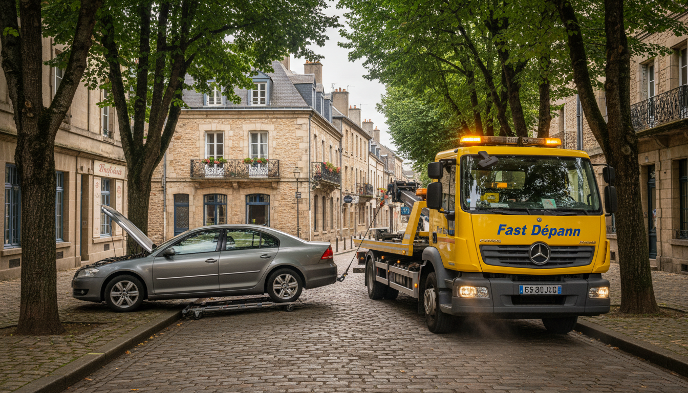 Dépanneuse Fast Depann intervenant sur une voiture en panne dans une rue typique de Viarmes, Val d'Oise, en pleine journée.