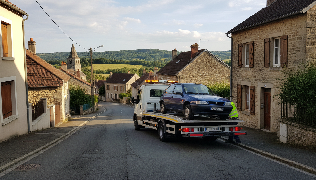 Dépanneuse Fast Depann intervenant sur une panne de voiture à Vienne-en-Arthies, Val d'Oise.