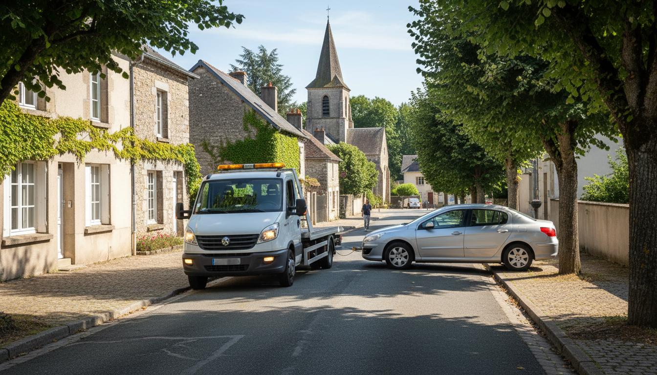 Un camion de dépannage Fast Depann intervient rapidement sur une voiture en panne dans une rue typique de Villers-en-Arthies, Val d'Oise.