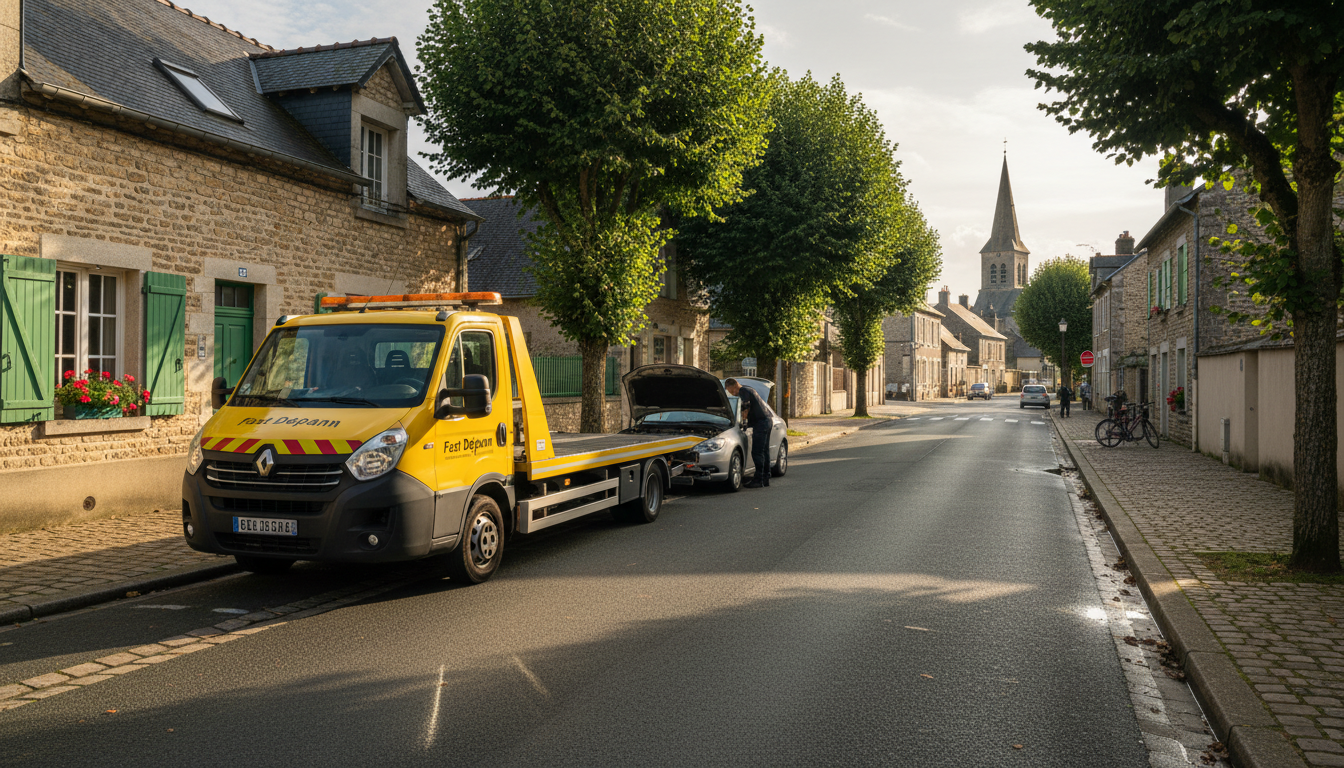 Dépanneuse Fast Depann intervenant sur une voiture en panne dans une rue résidentielle de Villiers-le-Sec, Val d'Oise.
