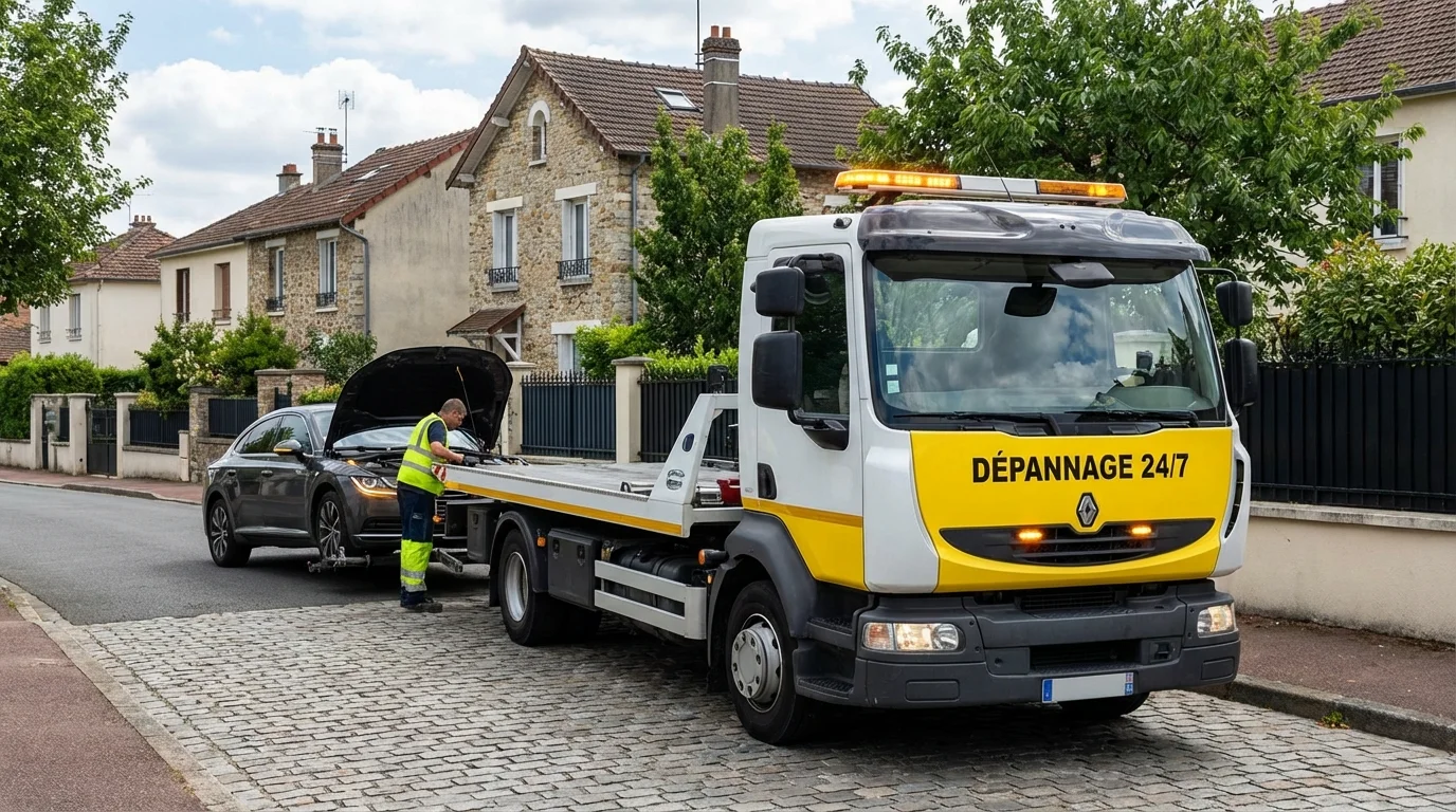 Dépanneuse Fast Depann intervenant pour un véhicule en panne dans une rue résidentielle de Domont 95330