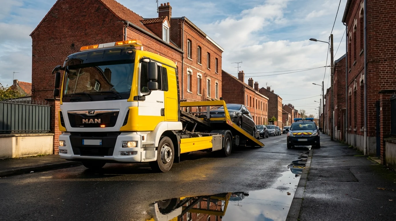 Dépanneuse Fast Depann en intervention remorquage voiture rue Henri Barbusse Drancy