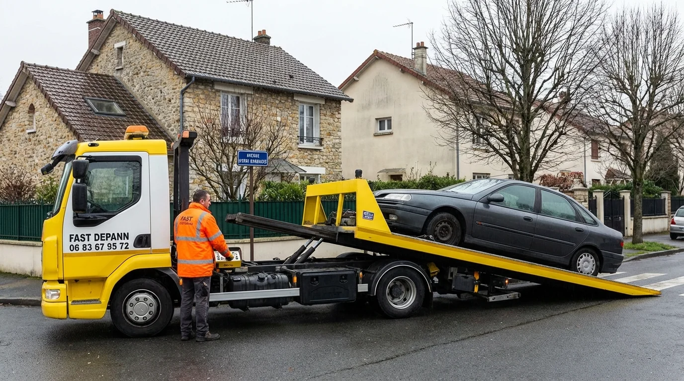 Intervention de dépannage auto par Fast Depann à Draveil, dépanneuse chargeant une voiture en panne.