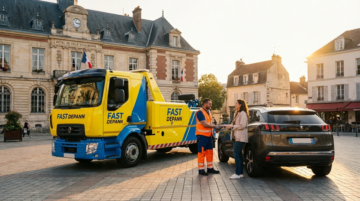 Dépanneuse Fast Depann intervenant pour une assistance auto devant la mairie d'Eaubonne 95600