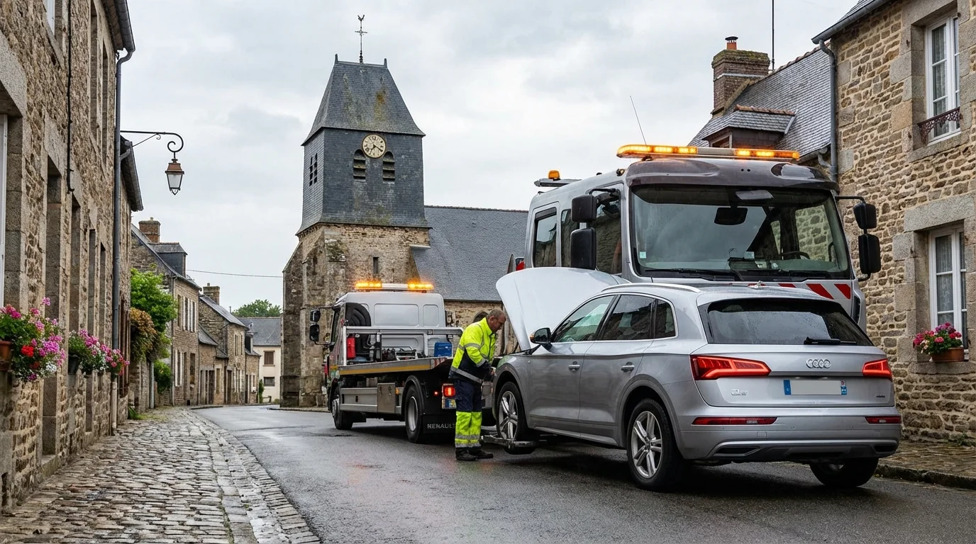 Dépanneuse Fast Depann intervenant pour une voiture en panne dans le village d'Epiais-Rhus près de l'église Saint-Didier.