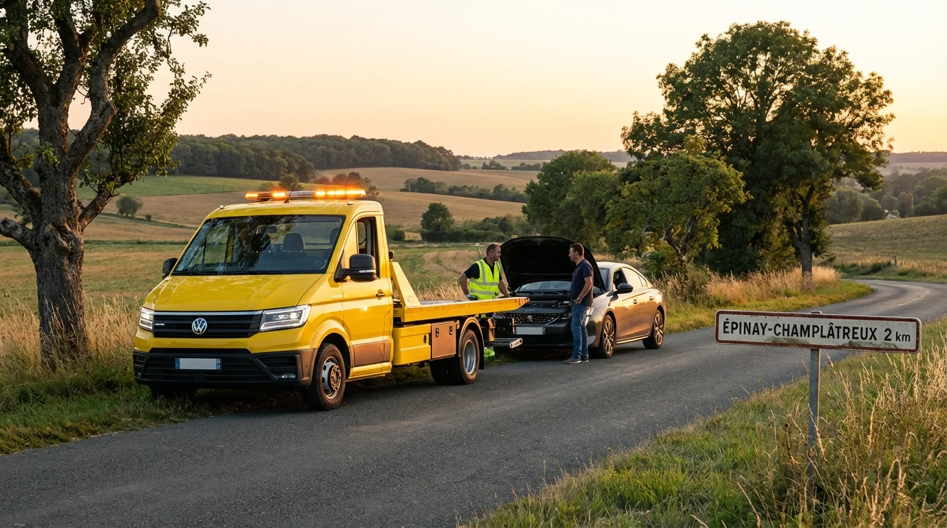 Dépanneuse Fast Depann en intervention sur la D316 à Epinay-Champlâtreux pour un remorquage automobile d'urgence.