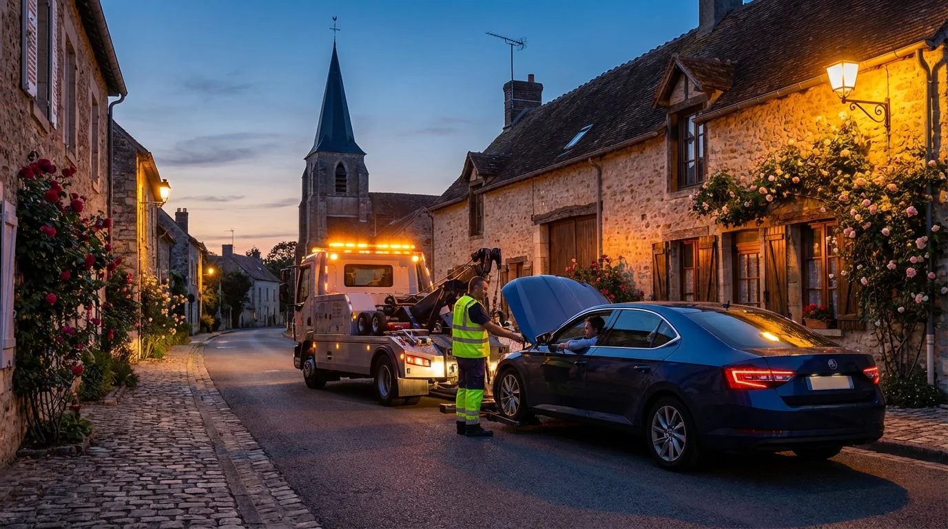 Dépanneuse Fast Depann en intervention dans une rue d'Etrepilly pour un remorquage automobile