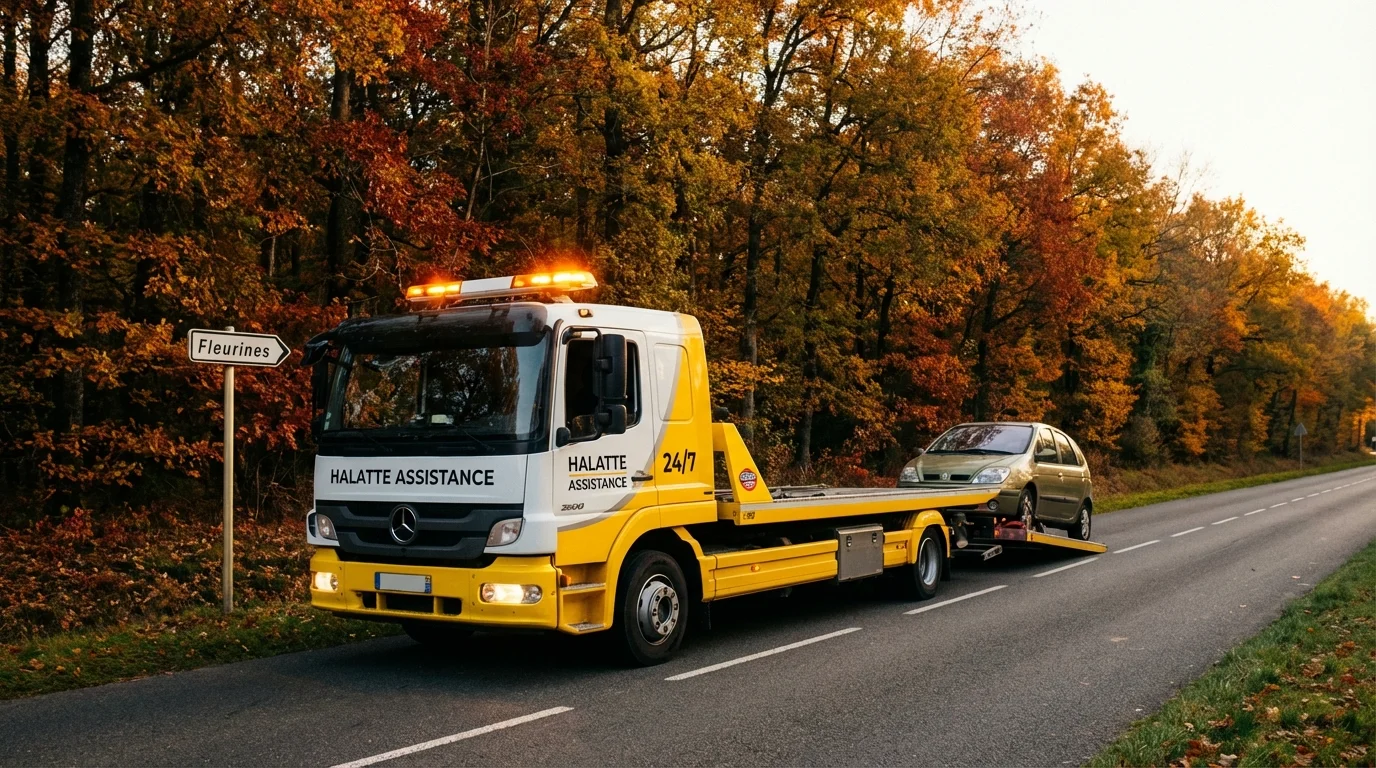 Dépanneuse Fast Depann intervenant pour un remorquage voiture sur la route forestière de Fleurines (60700) dans l'Oise.