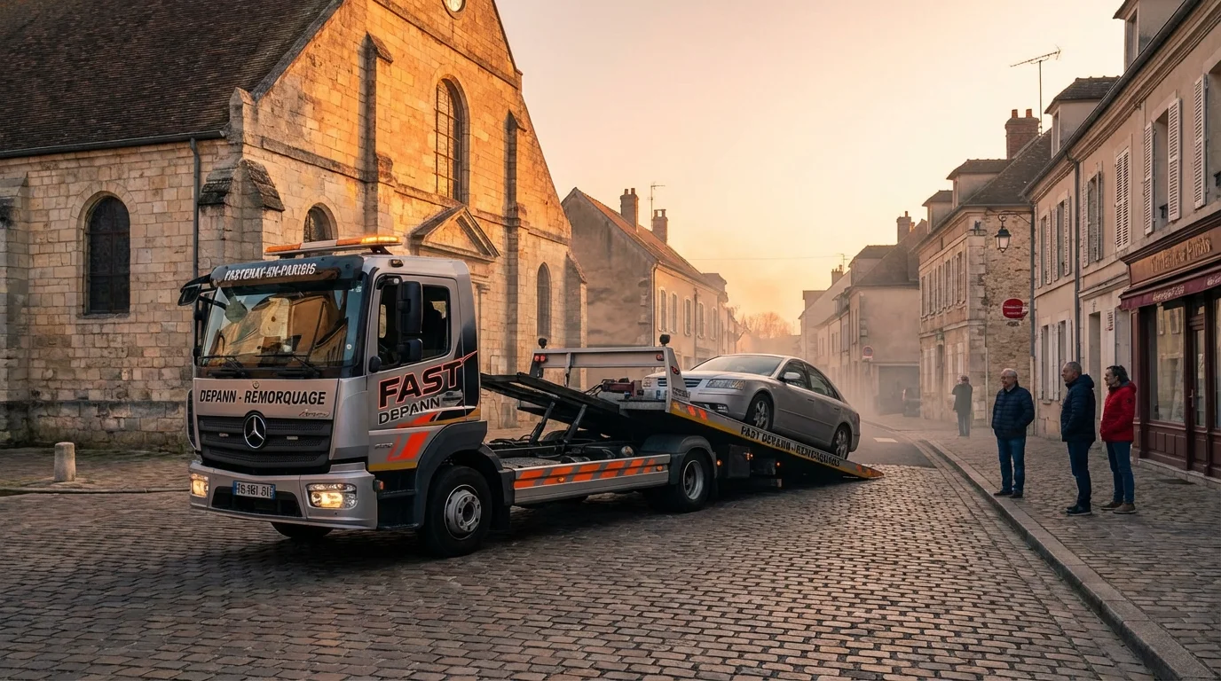 Dépanneuse Fast Depann intervenant près de l'église Saint-Aquilin à Fontenay-en-Parisis