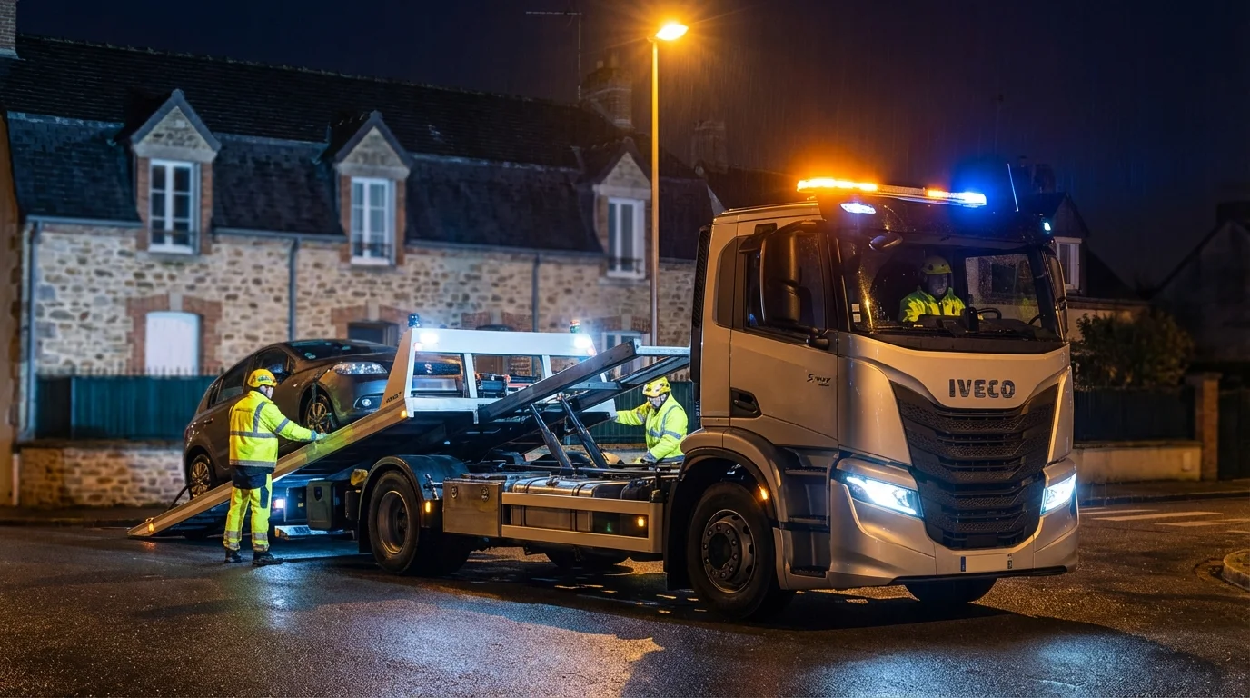 Dépanneuse Fast Depann en intervention nocturne dans une rue de Fosses 95470