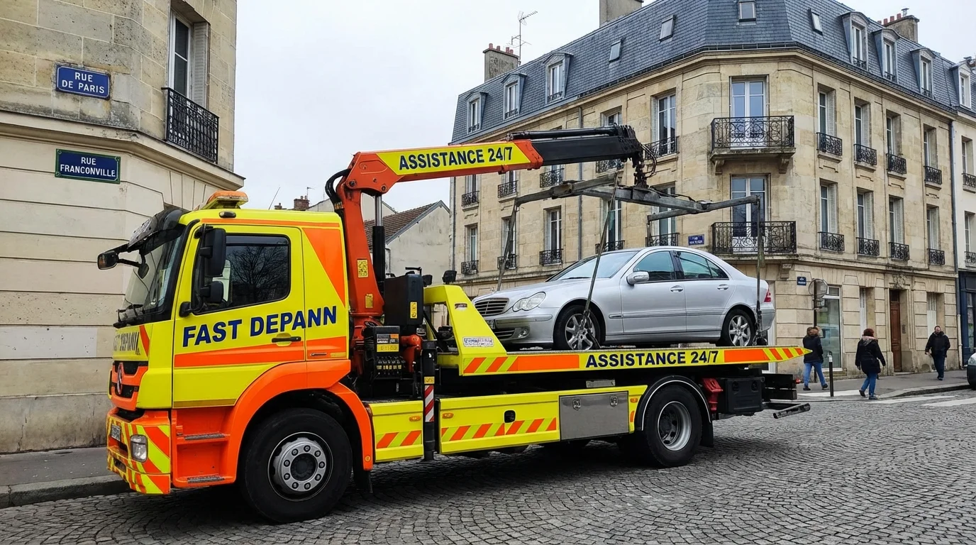 Dépanneuse Fast Depann en intervention de remorquage voiture dans une rue de Franconville 95130