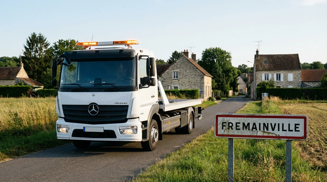 Dépanneuse Fast Depann en intervention à l'entrée du village de Fremainville 95450 pour un remorquage automobile