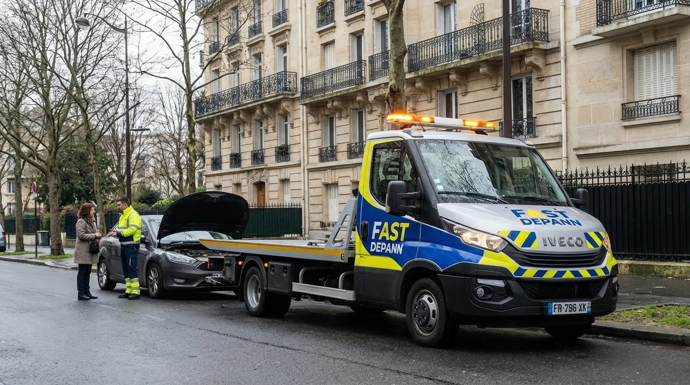 Intervention de dépannage auto Fast Depann sur une route résidentielle à Garches (92380) pour une voiture en panne.