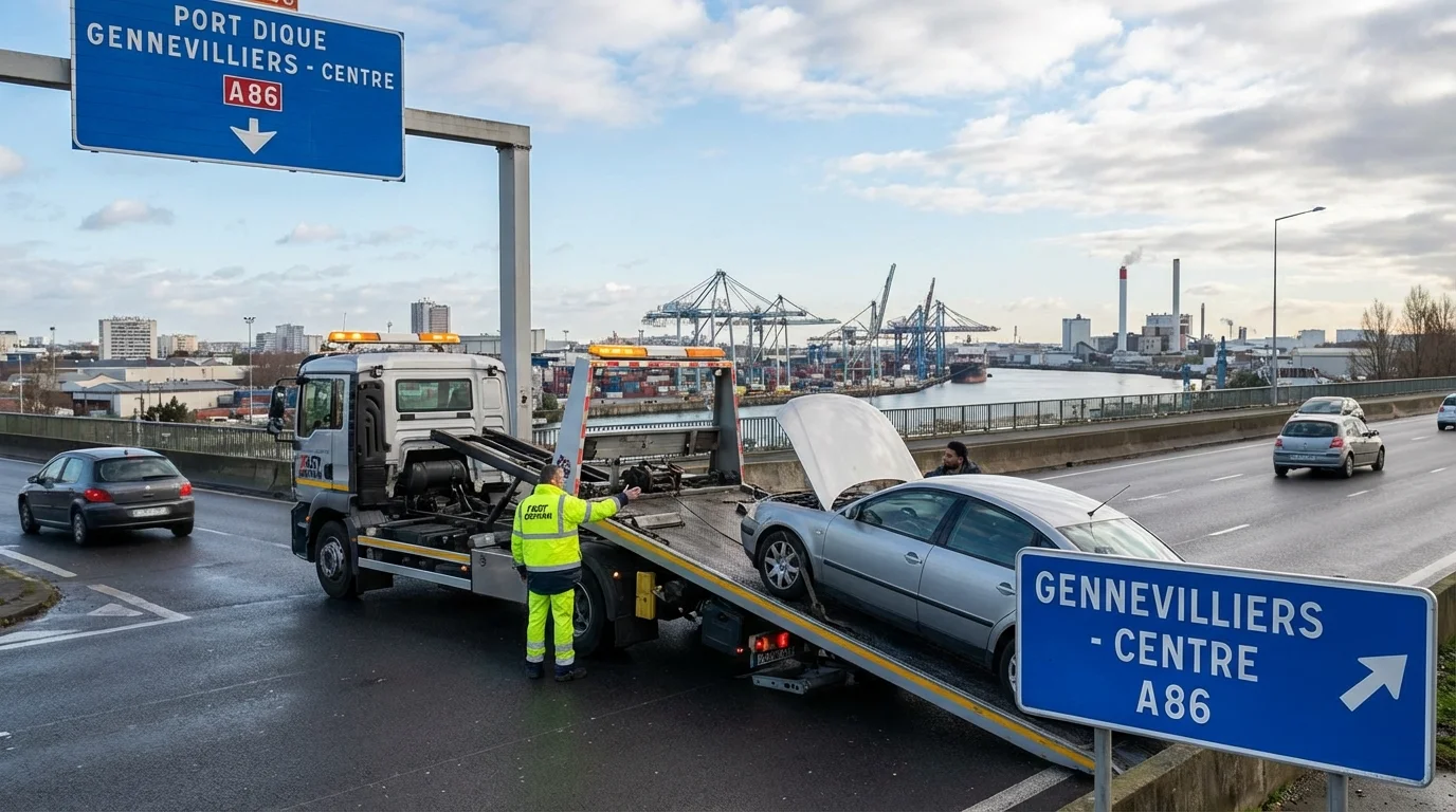 Dépanneuse Fast Depann en intervention d'urgence pour remorquer une voiture en panne sur une route à Gennevilliers, près de l'A86 et de la zone portuaire.