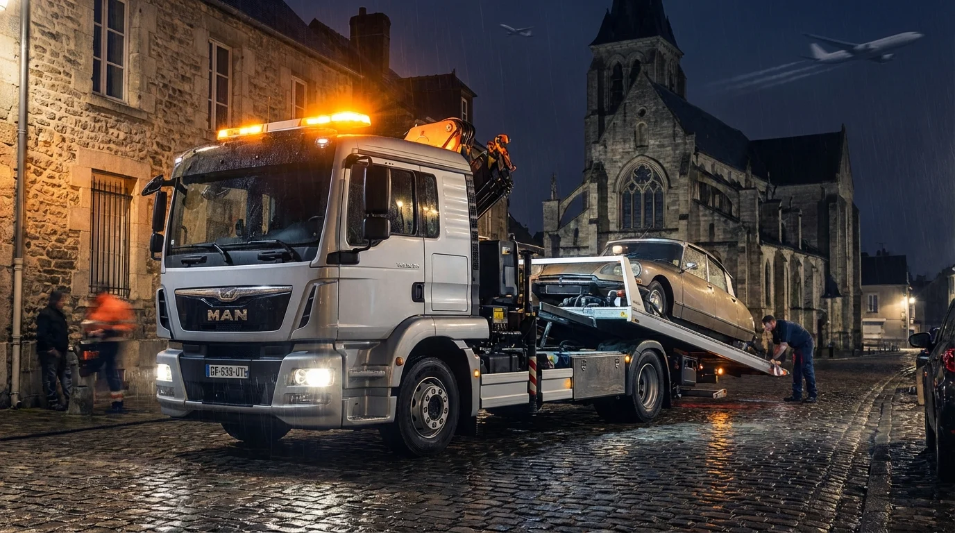 Dépanneuse Fast Depann en intervention nocturne dans le Vieux Pays de Goussainville 95190