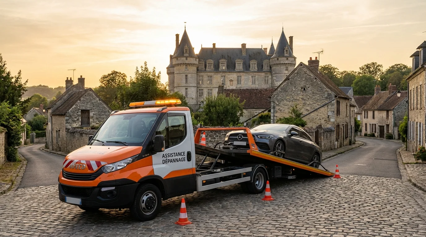 Dépanneuse Fast Depann intervenant devant le Château de Guiry-en-Vexin pour un remorquage automobile