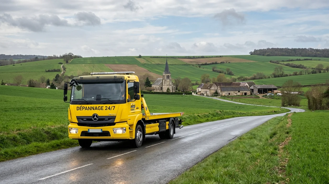 Dépanneuse Fast Depann intervenant sur une route de campagne près de Haravilliers dans le Vexin