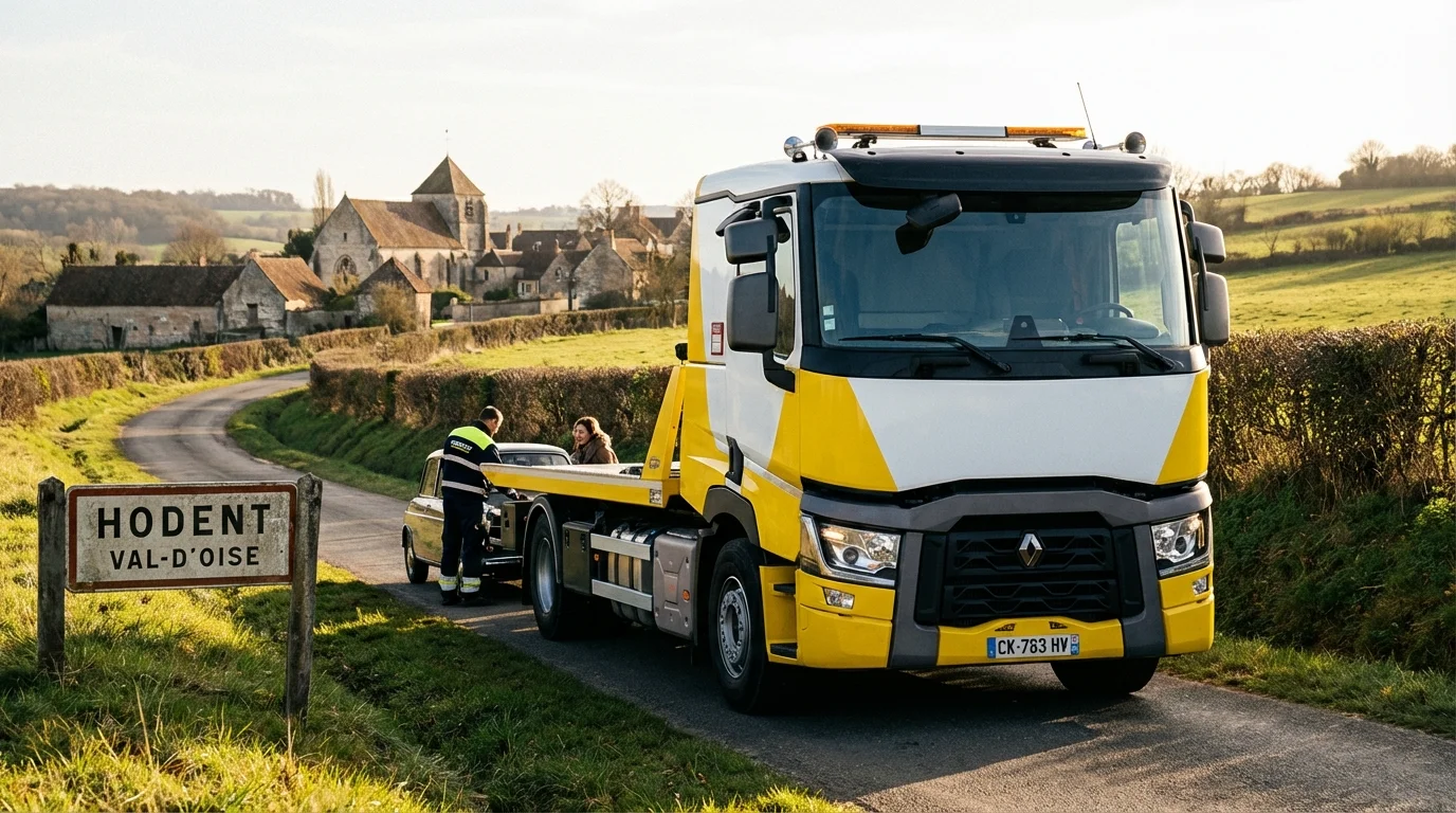 Dépanneuse Fast Depann intervenant sur une route de campagne à Hodent 95420