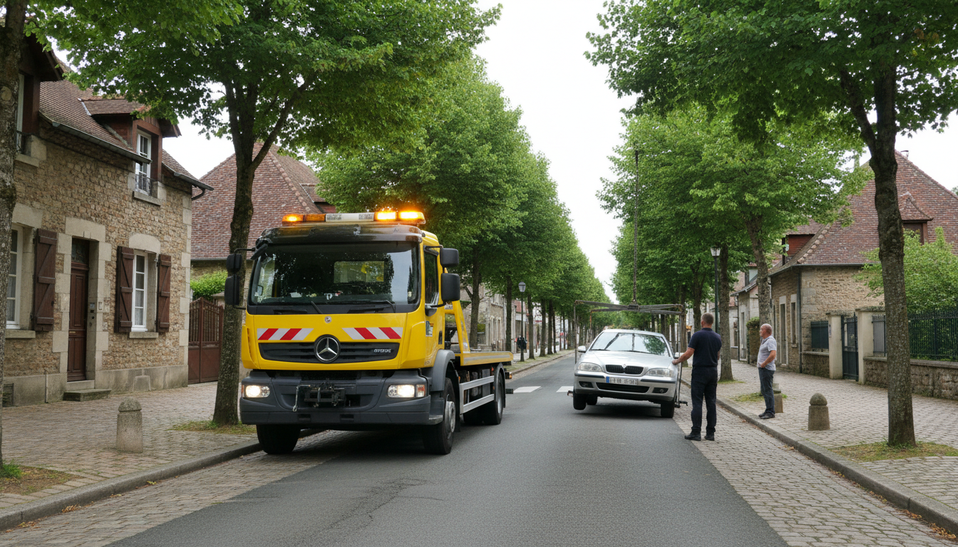 Un dépanneur Fast Depann intervenant sur une voiture en panne dans une rue résidentielle de Berville, Val D'Oise.