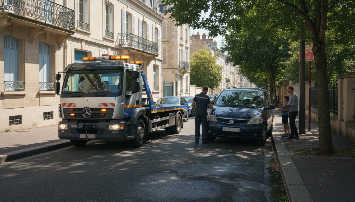 Dépanneuse Fast Depann intervenant sur une voiture en panne dans une rue de Bezons, Val d'Oise.