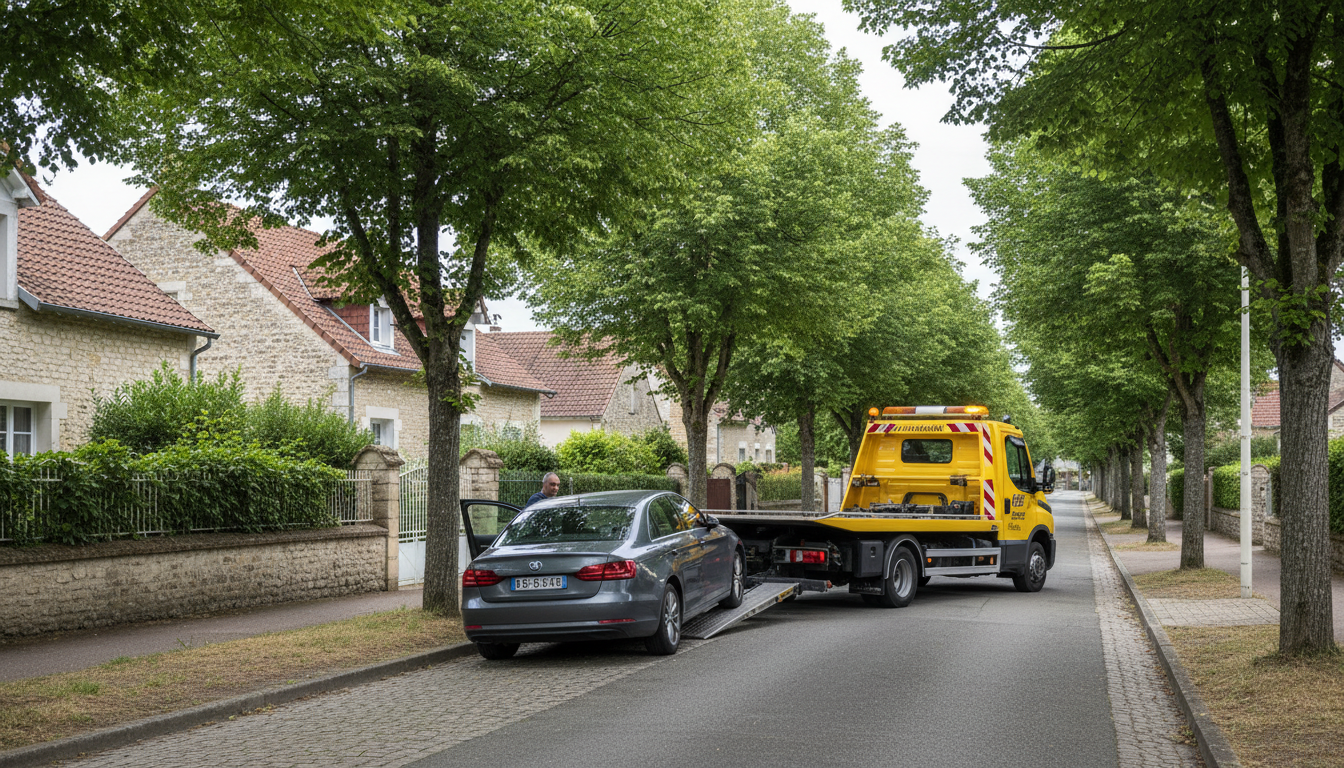 Un camion de dépannage Fast Depann intervenant sur une voiture en panne dans une rue résidentielle de Boissy-l'Aillerie, Val d'Oise.