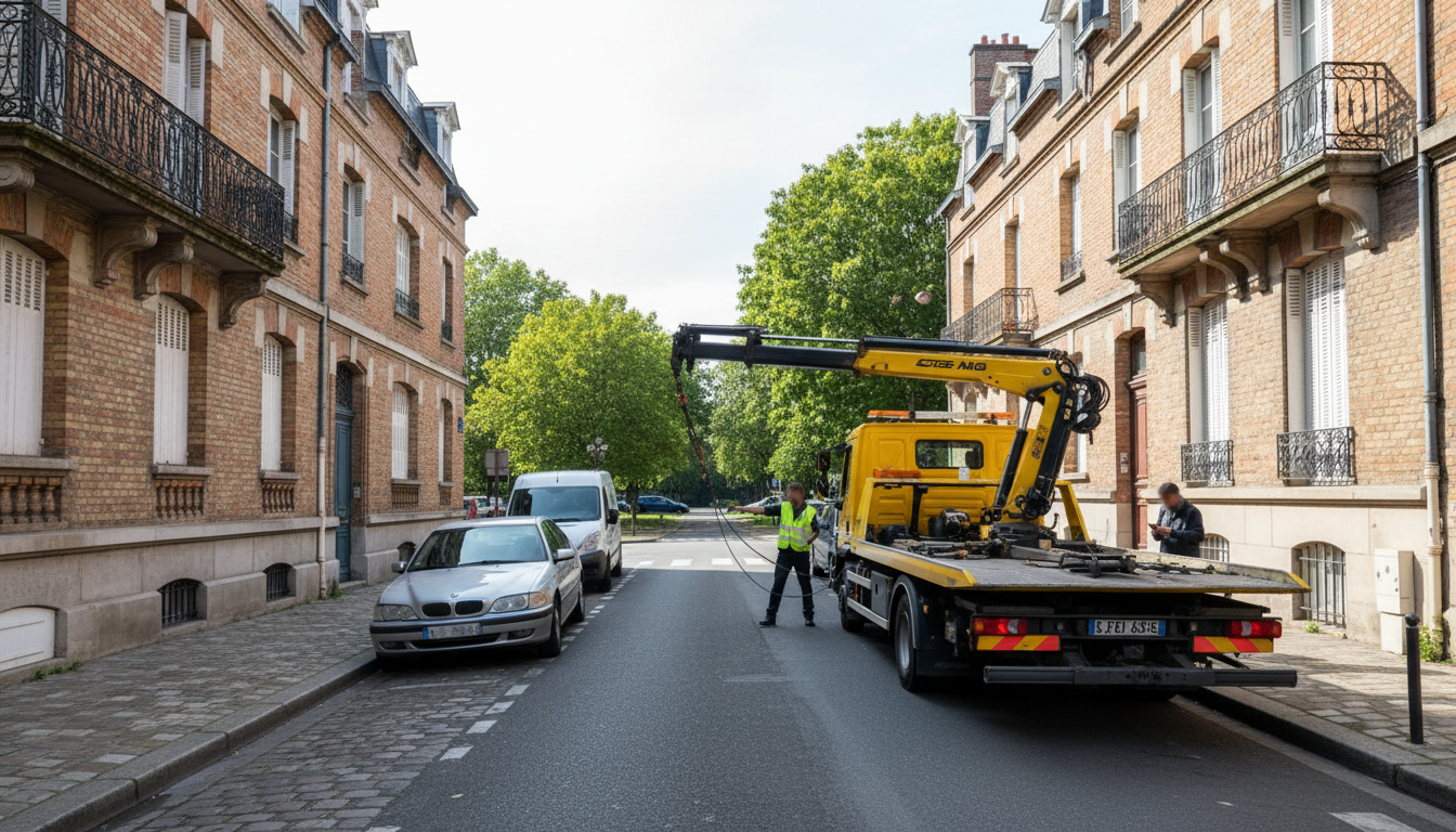 Dépanneuse Fast Depann intervenant sur une voiture en panne dans une rue résidentielle de Bonneuil-en-France.