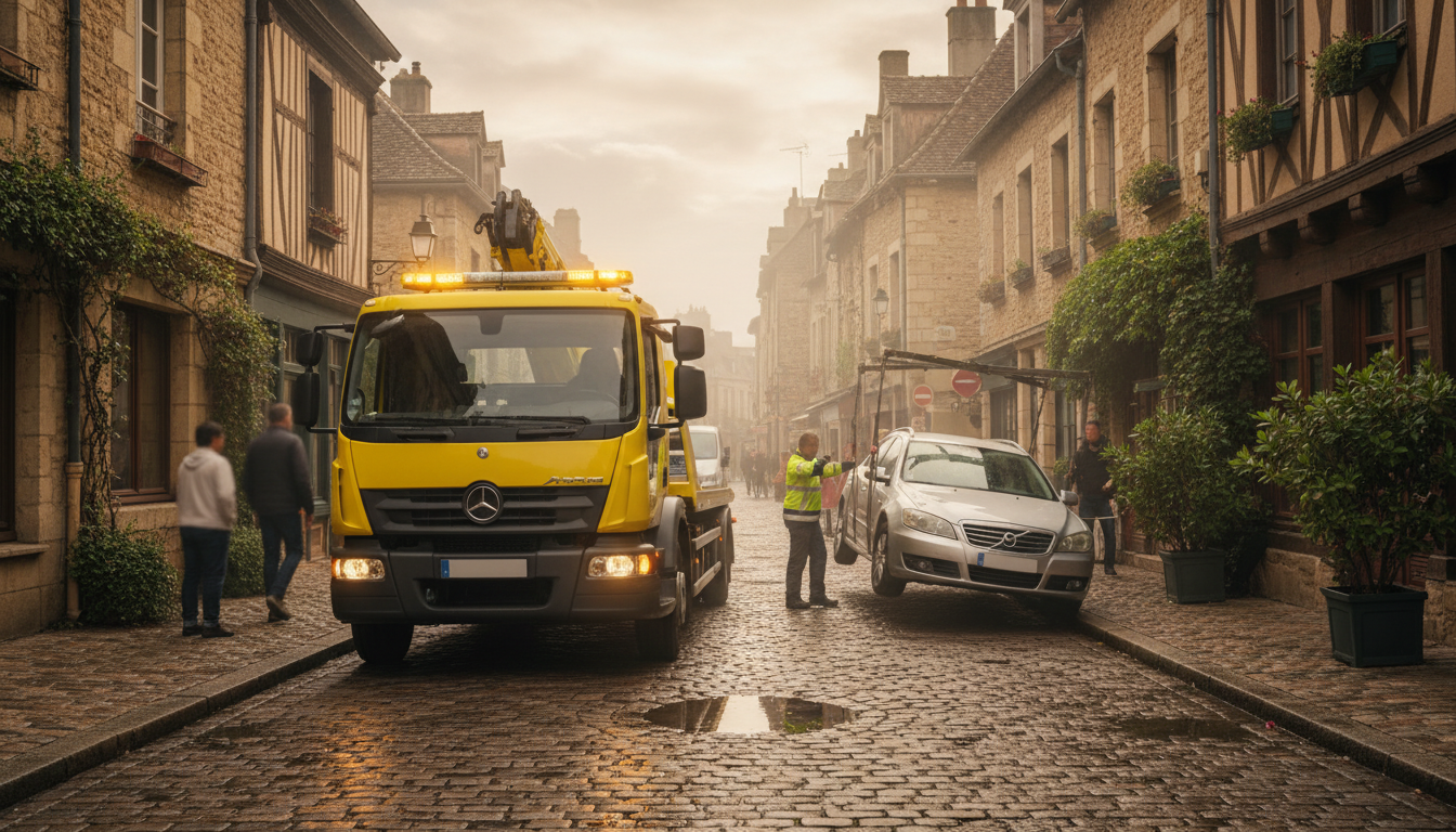 Dépanneuse Fast Depann intervenant sur une voiture en panne dans une rue de Bruyères-sur-Oise, Val d'Oise.