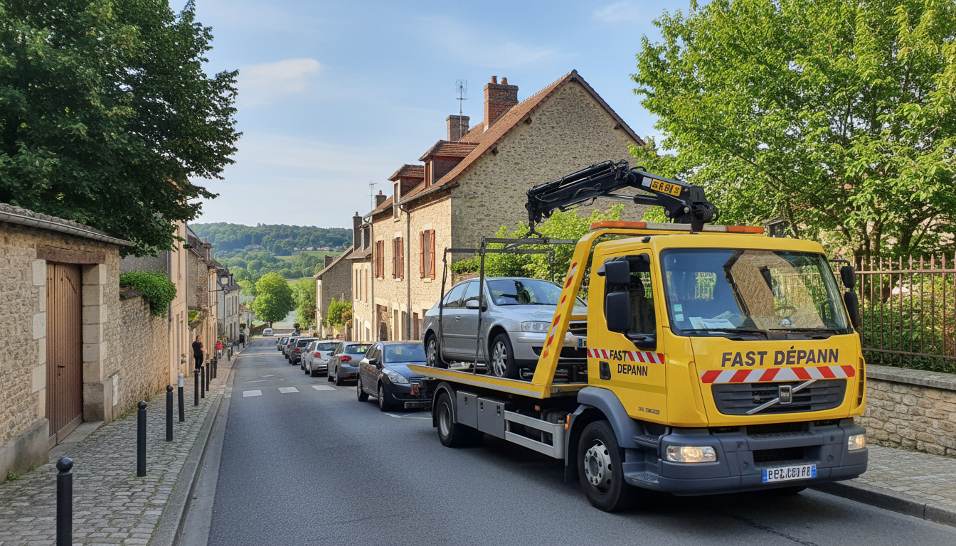 Dépanneuse Fast Depann intervenant sur une voiture en panne dans une rue résidentielle de Butry-sur-Oise, Val-d'Oise.