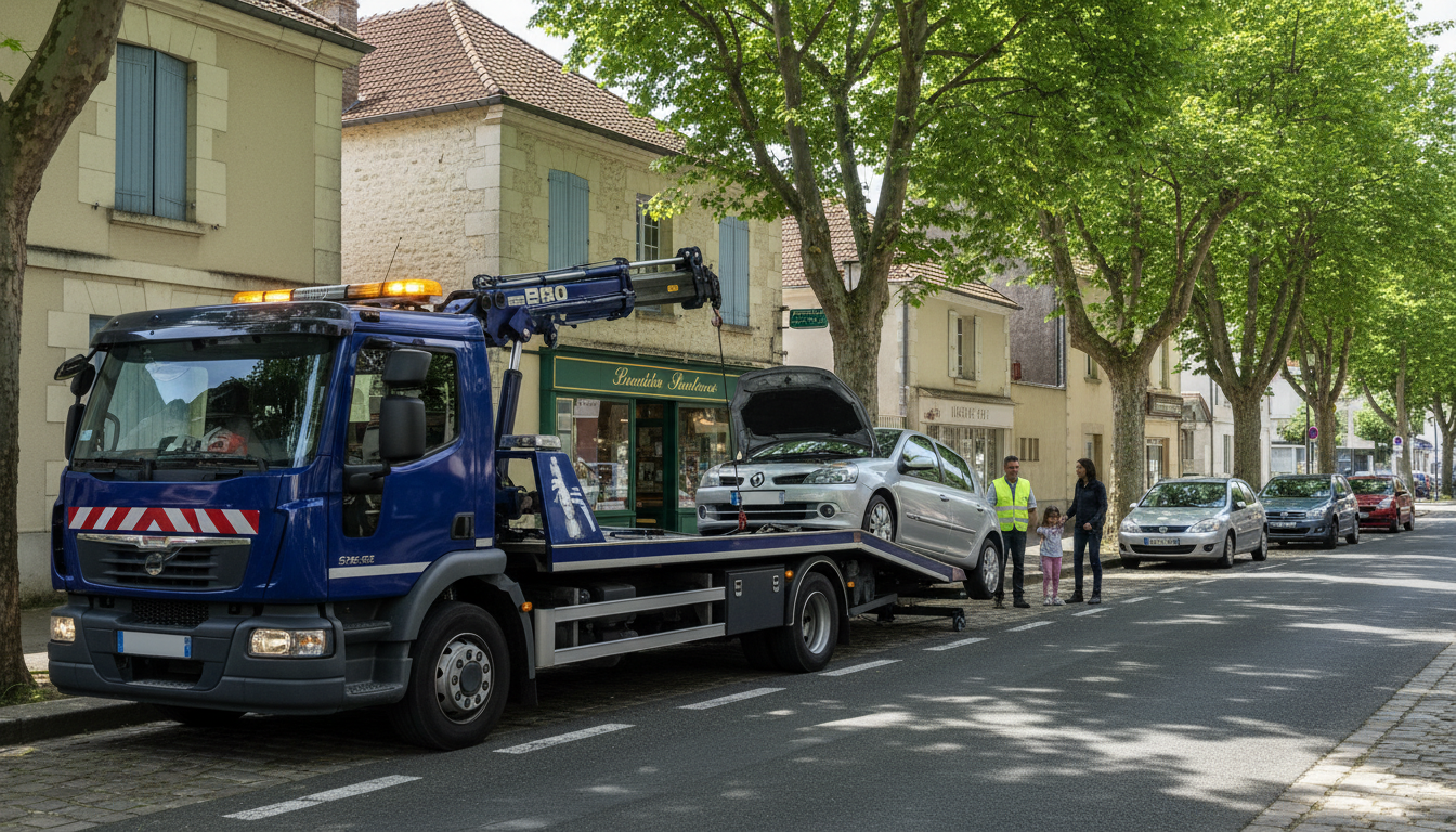 Un dépanneur Fast Depann en pleine intervention pour un dépannage auto à Champagne-sur-Oise, assistant un véhicule en panne sur une rue résidentielle.