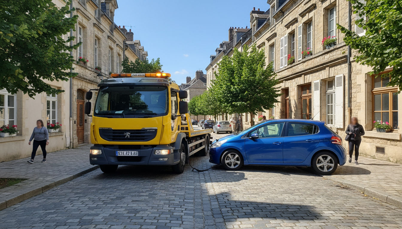 Un camion de dépannage Fast Depann intervenant sur une voiture en panne dans une rue de Charmont, Val d'Oise, avec des bâtiments en pierre traditionnels en arrière-plan.