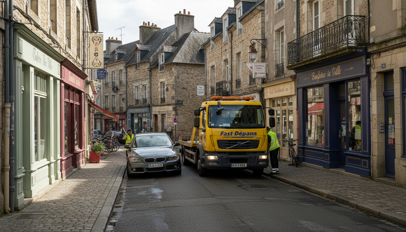 Dépanneuse Fast Depann intervenant sur une voiture en panne dans une rue de Chars, Val d'Oise.