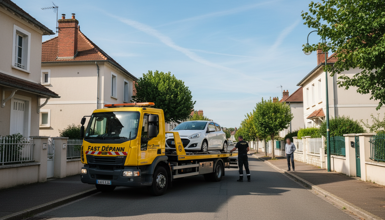 Dépanneuse Fast Depann en action sur une voiture en panne dans une rue résidentielle typique de Chaumontel, Val d'Oise.