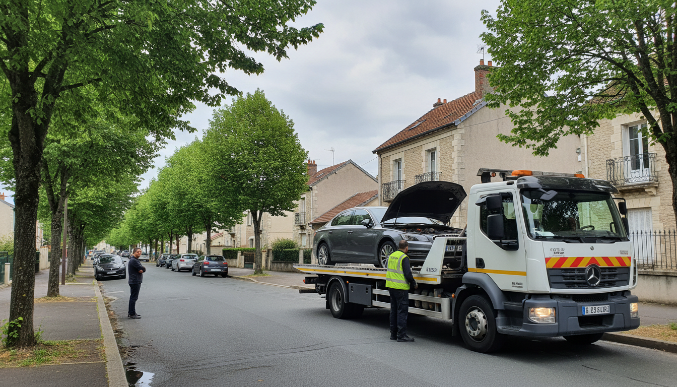 Dépanneuse Fast Depann intervenant sur une voiture en panne dans une rue de Chennevières-lès-Louvres, Val d'Oise.