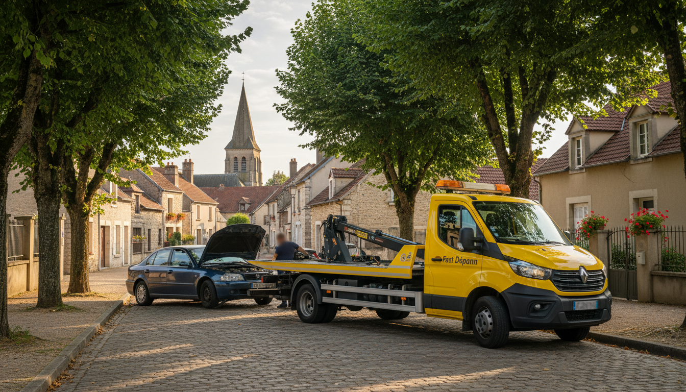 Un camion de dépannage Fast Depann intervient sur une voiture en panne dans une rue résidentielle de Condécourt, Val-d'Oise.